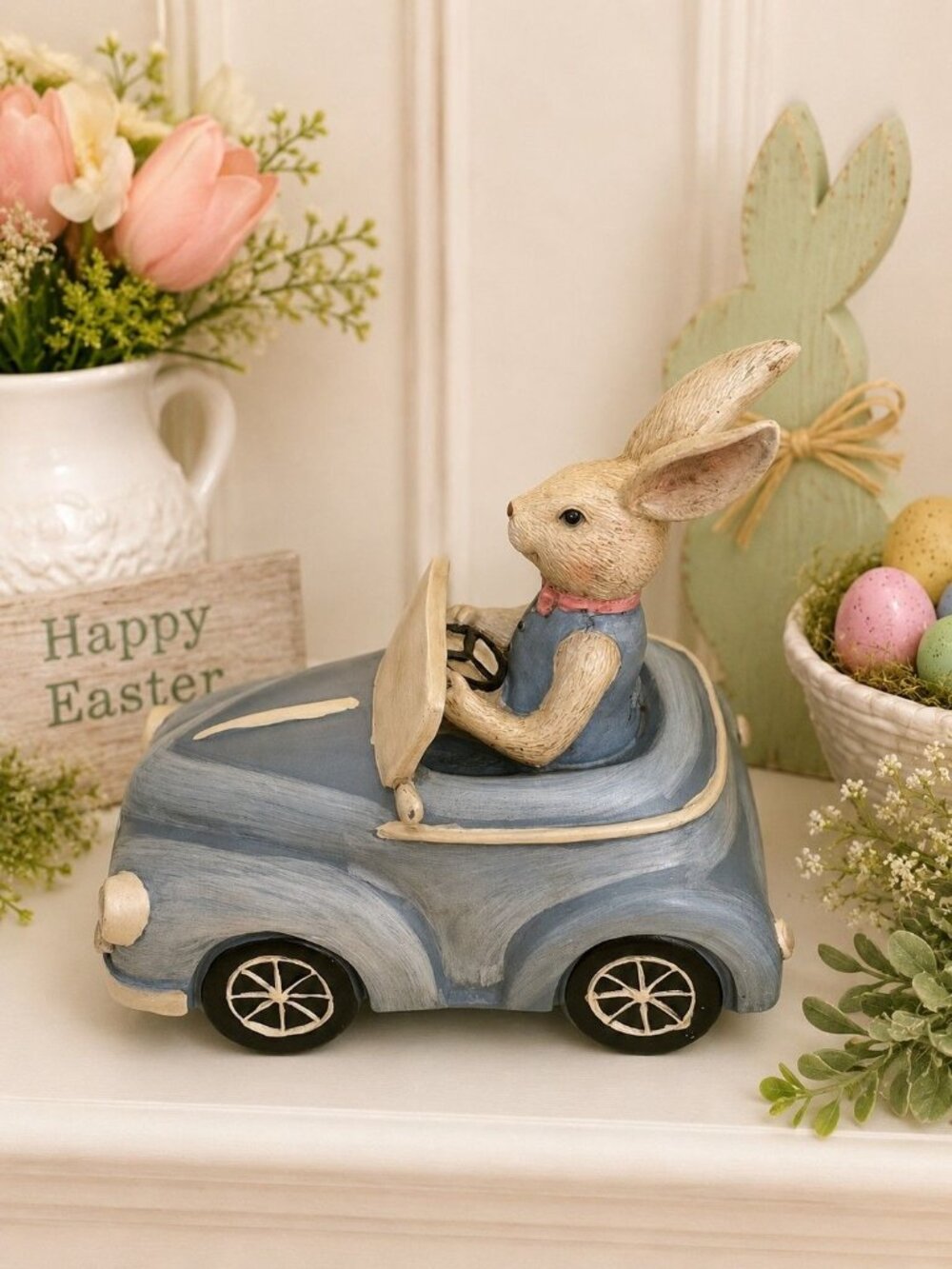 Ganz Easter Bunny Driving Blue Convertible Car Resin Figurine Spring Decor 8"